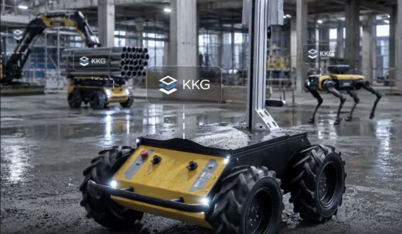 建設現場で自律稼働する施工ロボットのイメージ。手前に墨出しロボット、奥に資材運搬ロボットと四足歩行の現場検査ロボットが並び、それぞれにKKGのタグが付いている